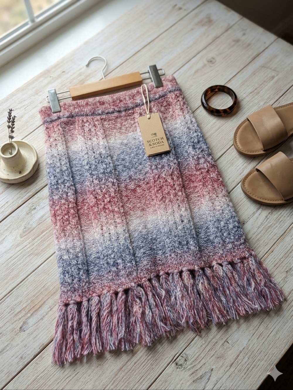 Scotch‎ & Soda Small Knit Mini Skirt Fringe Hem Ombre Red Blue Multi NEW